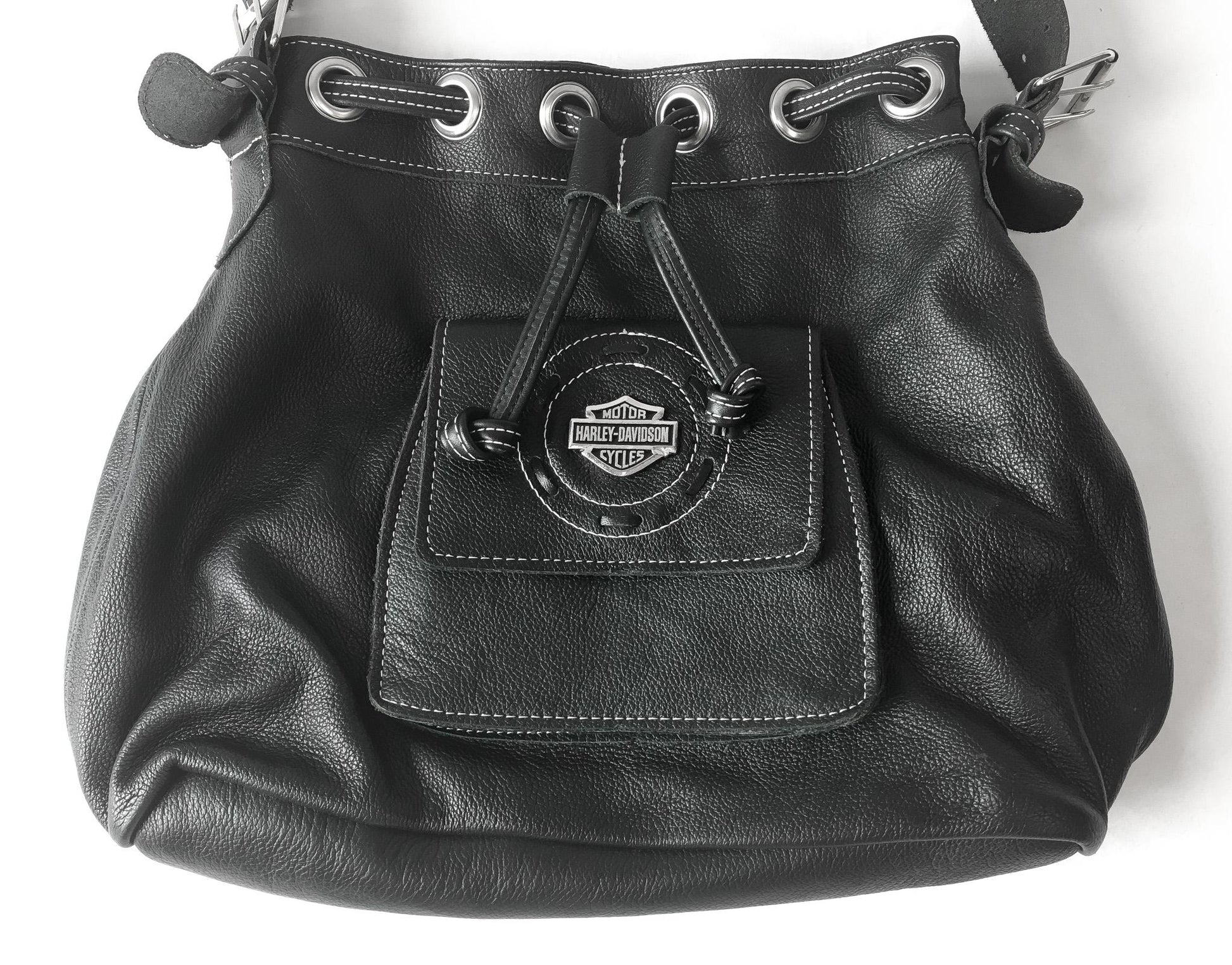 Black Harley Davidson Pebbled Leather Drawstring Bucket Shoulder Crossbody Bag, 00s Y2K Harley Biker Moto Style Handbag