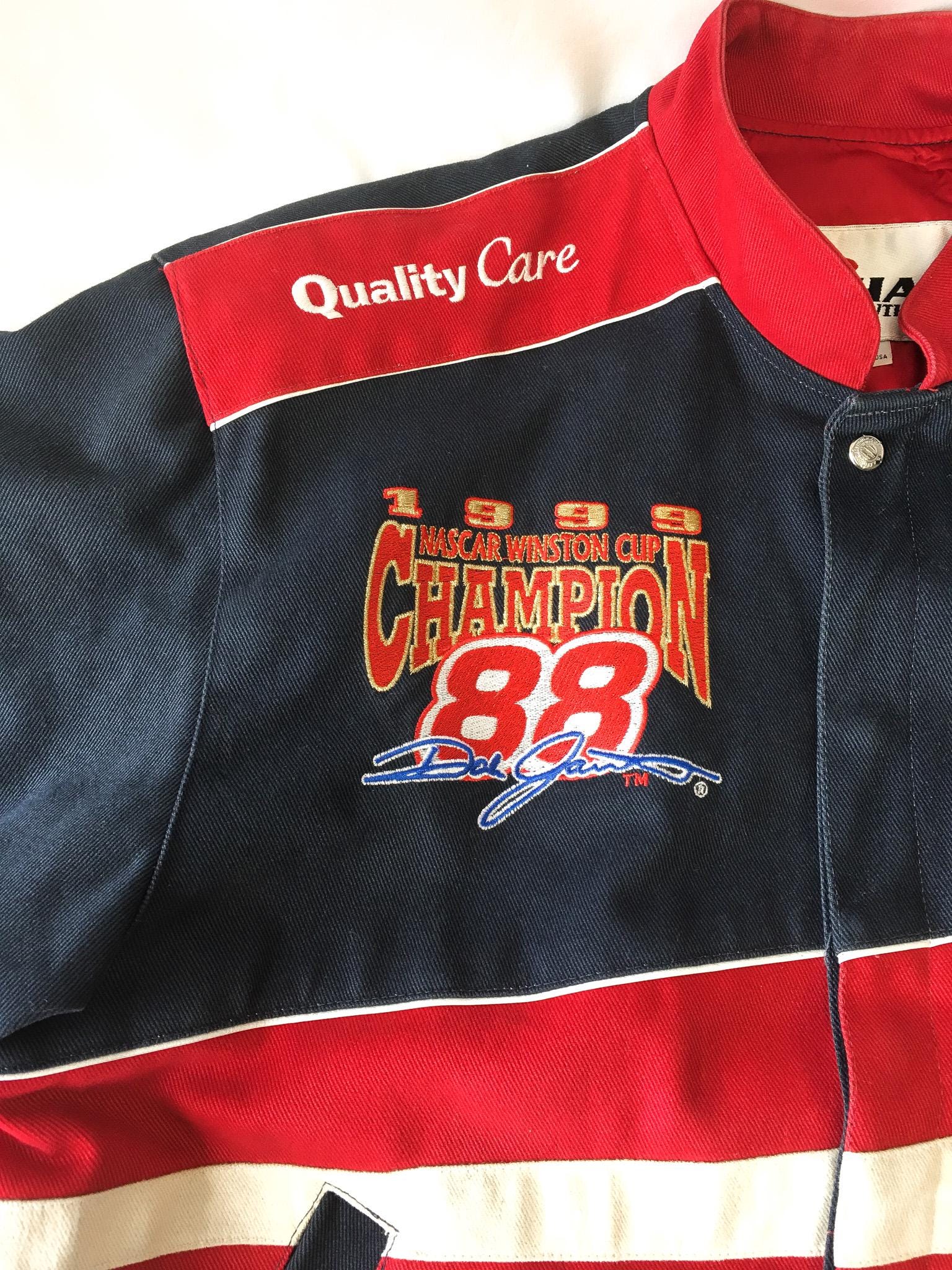 Vintage 1999 Dale Jarrett #88 Ford Quality Care Navy/Red Bomber Racing Jacket, Men's Sz. L, Vintage Chase Authentics NASCAR F1 Jacket