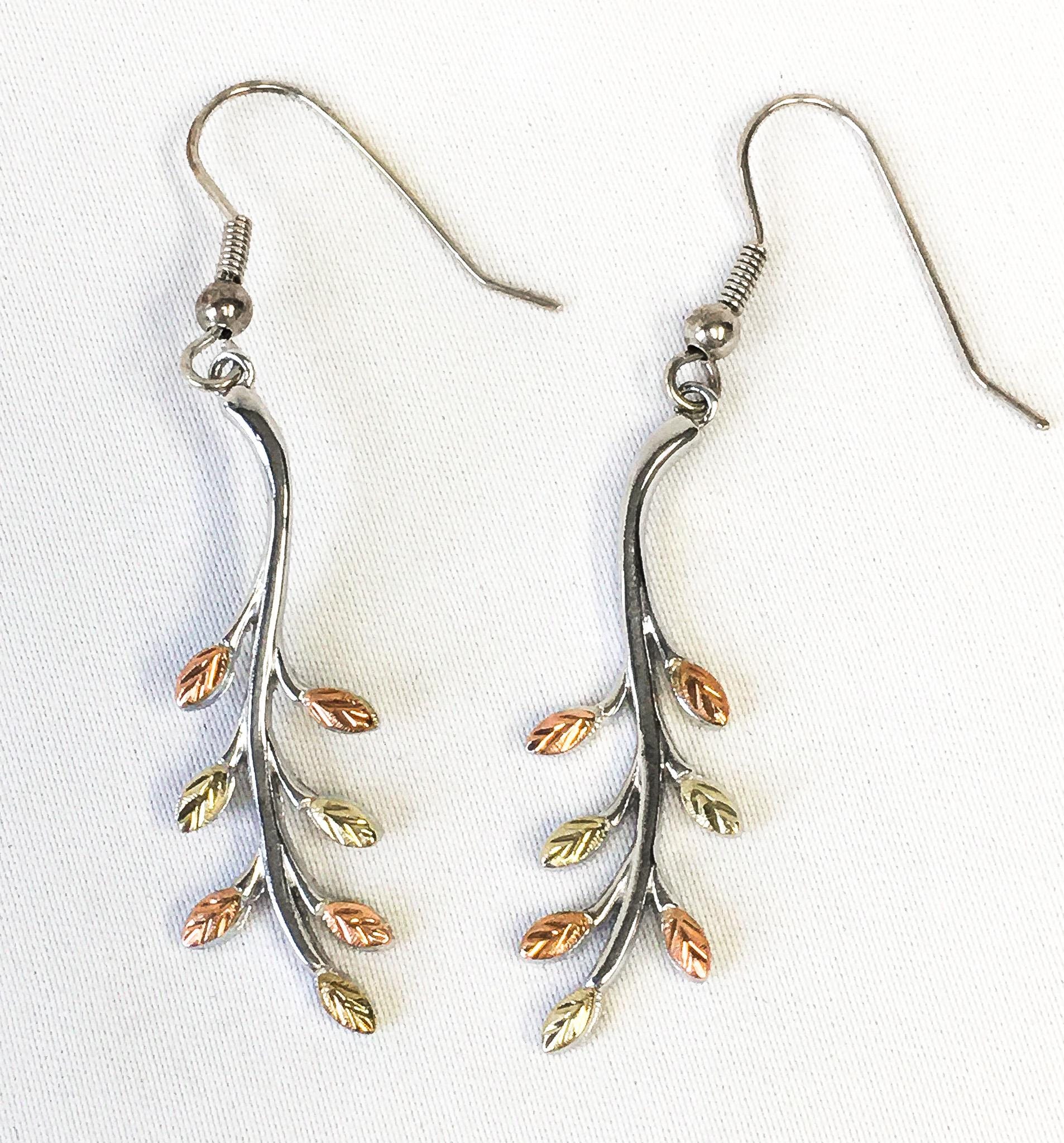 Vintage RGC Black Hills Gold 925 12K Leaf Stem Dangle Earrings, Simple Nature Autumn Leaf Earrings