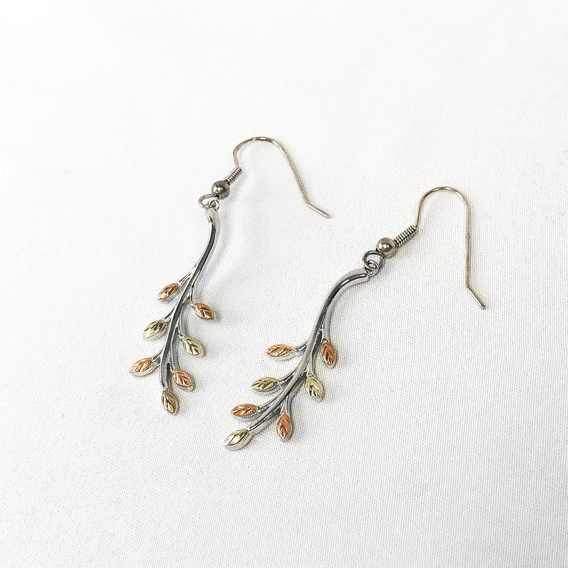 Vintage RGC Black Hills Gold 925 12K Leaf Stem Dangle Earrings, Simple Nature Autumn Leaf Earrings