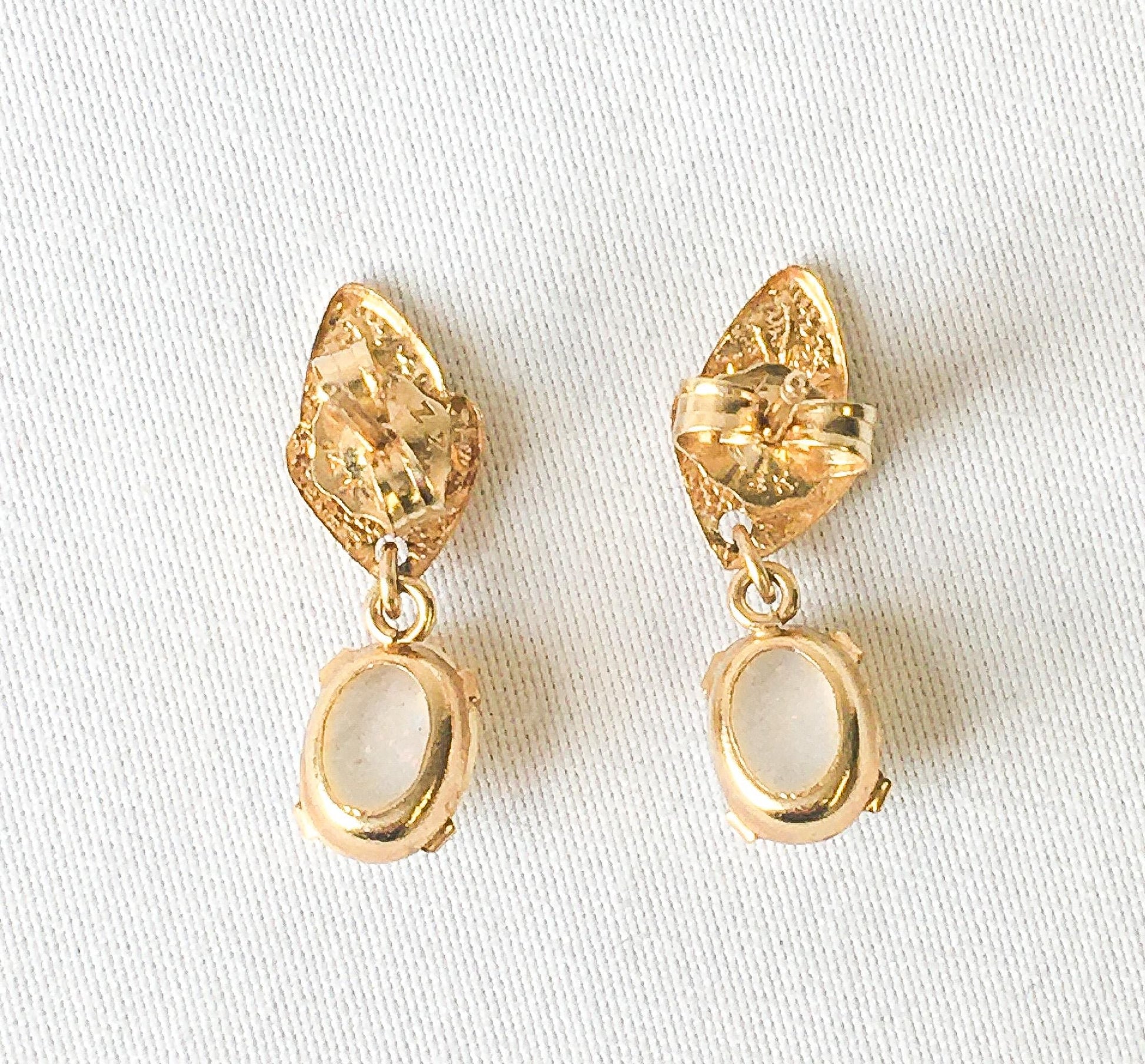 14K Yellow Gold Opal Leaf Post Dangle Earrings, Simple Dainty Everyday Minimalist Earrings