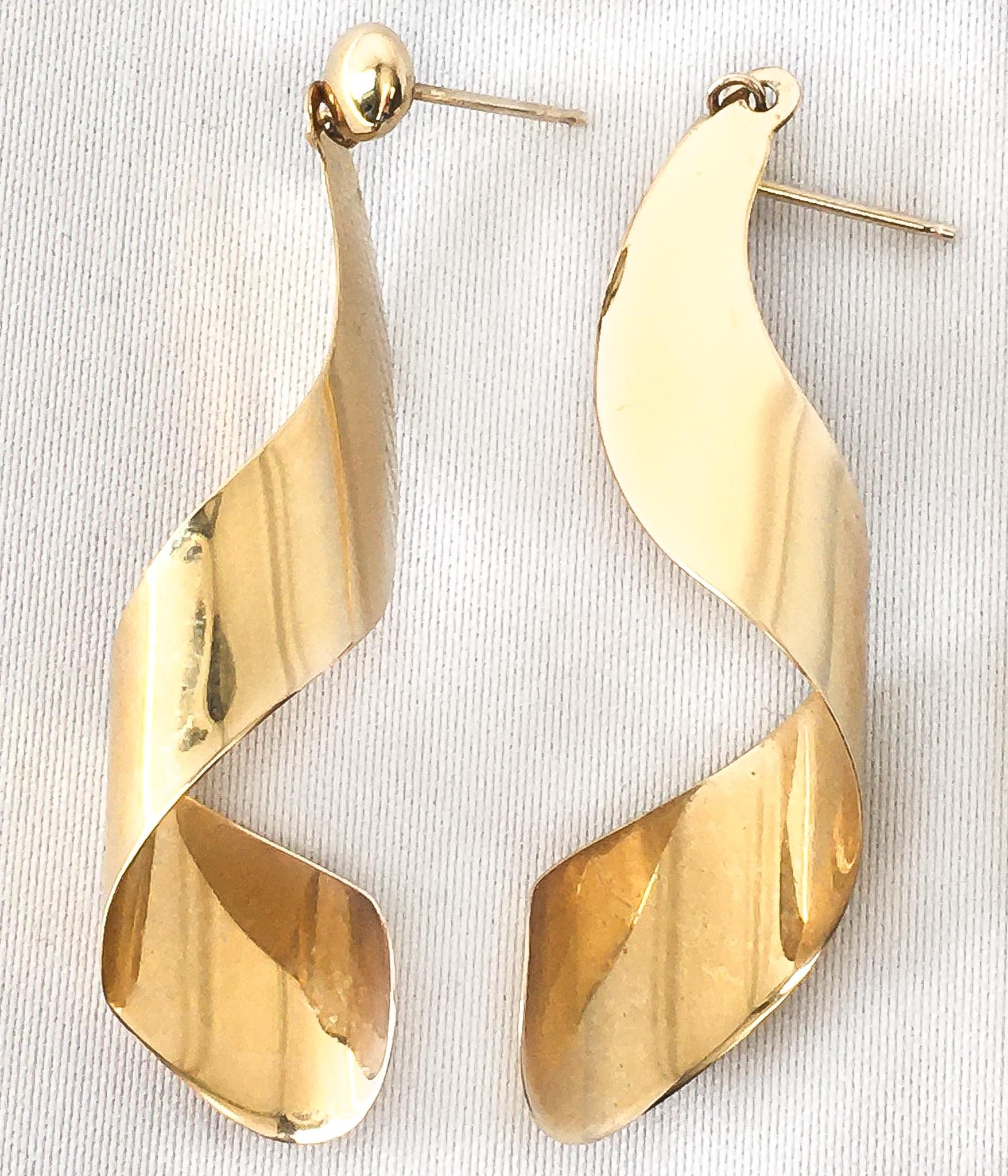 Vintage 14K NABCO Yellow Gold Spiral Twist Stud Dangle Earrings, Simple Everyday Minimalist Earrings
