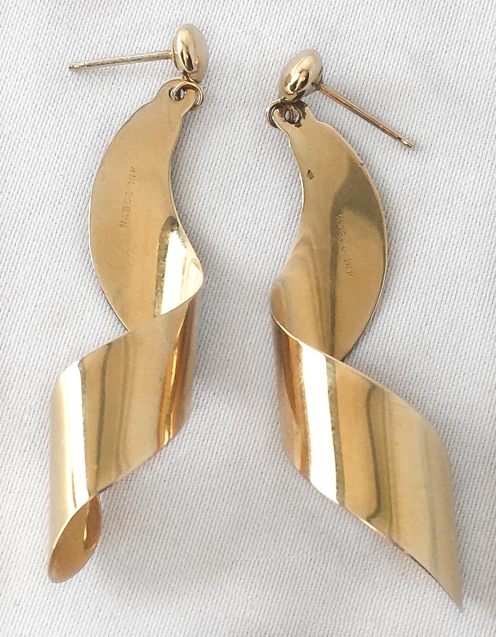 Vintage 14K NABCO Yellow Gold Spiral Twist Stud Dangle Earrings, Simple Everyday Minimalist Earrings