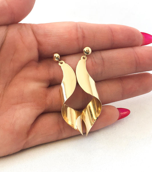 Vintage 14K NABCO Yellow Gold Spiral Twist Stud Dangle Earrings, Simple Everyday Minimalist Earrings