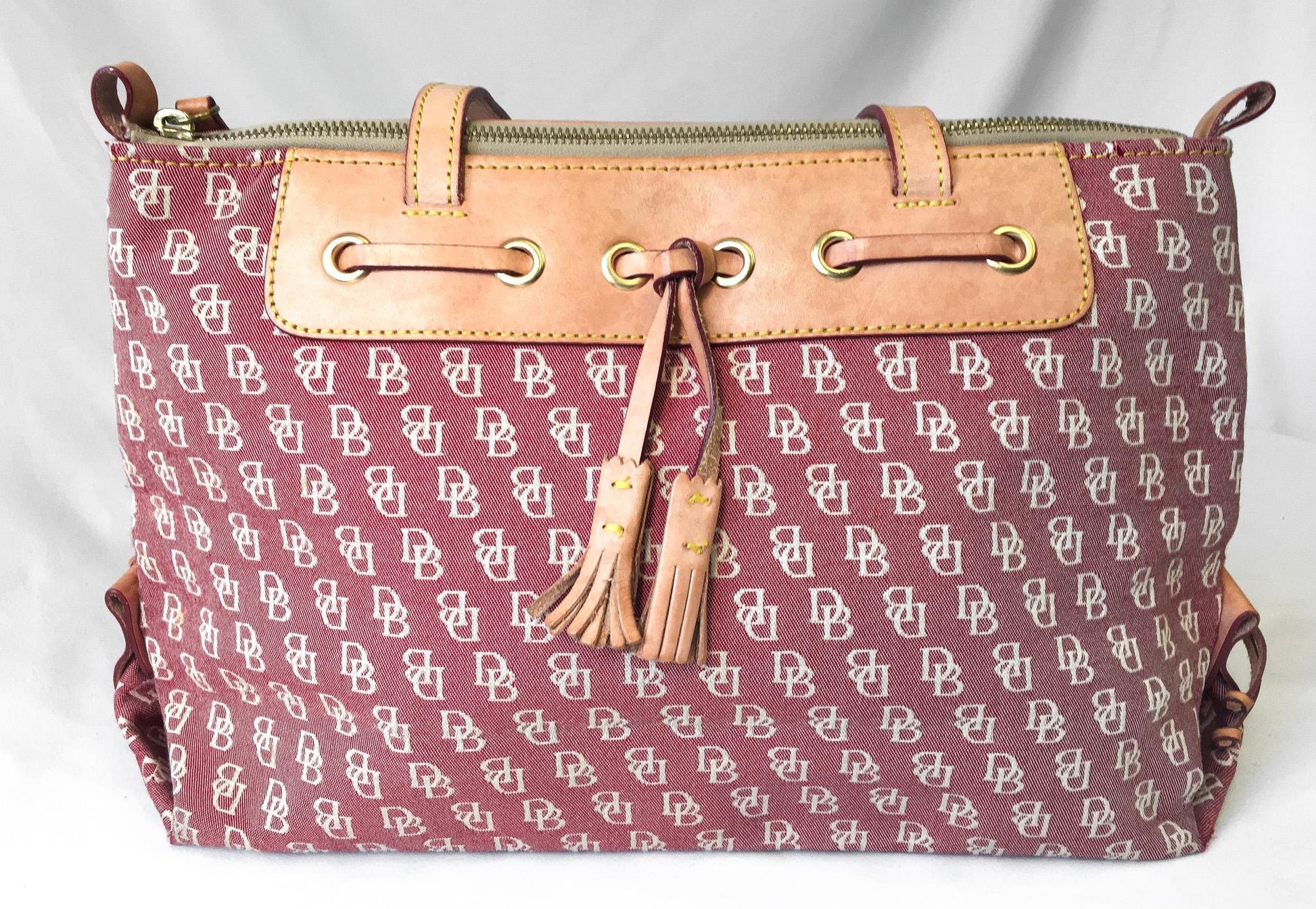 Y2K 00s Dooney and Bourke Burgundy Red Monogram Large Tassel Shoulder Tote Bag, Vintage Classic Y2K Dooney Handbag