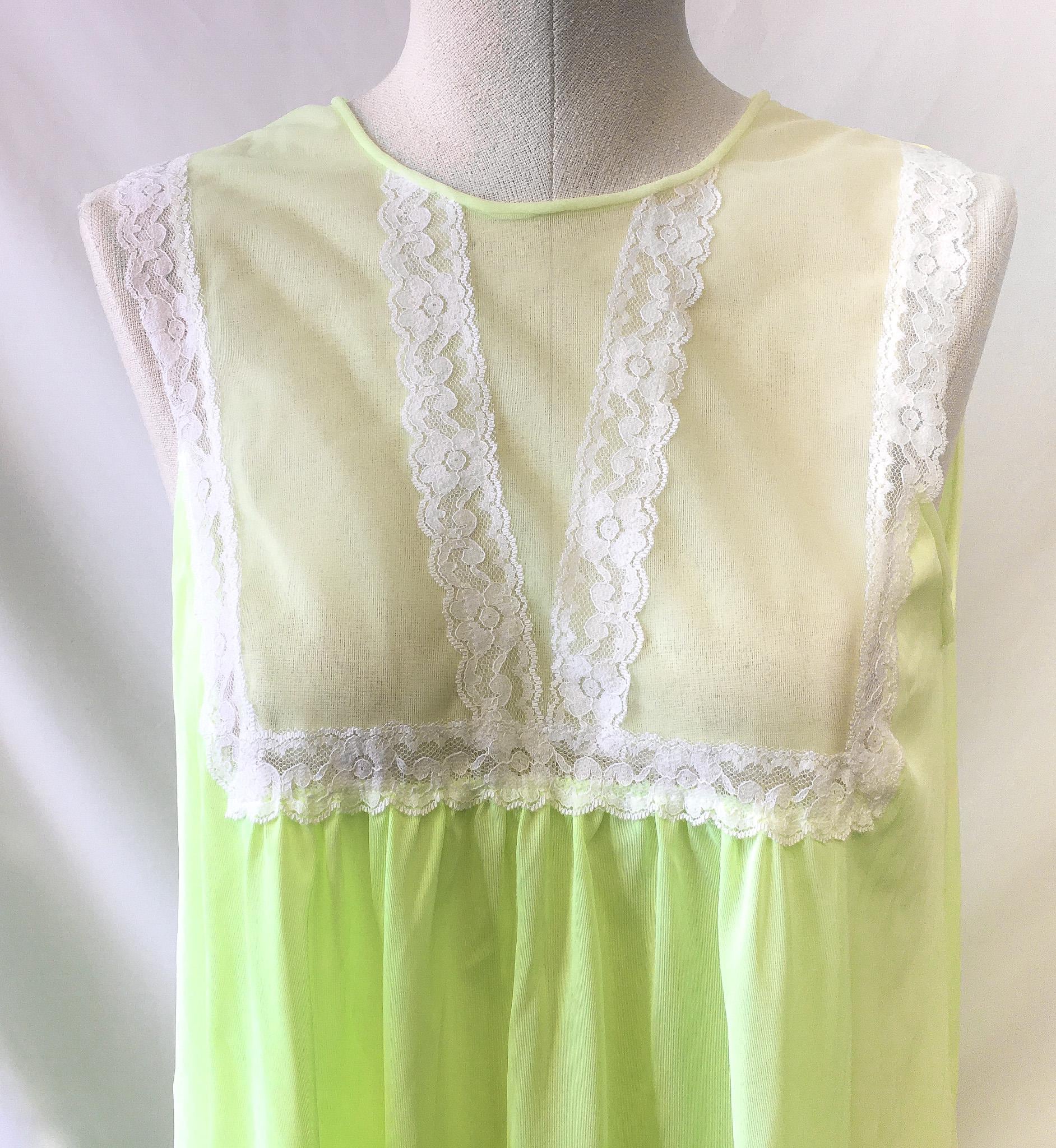 70s Neon Pastel Green Lace High Neck Slip Dress, Size Small, Vintage Lingerie Slip Dress