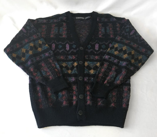 Vintage 90s Black/Multicolor Abstract Geometric Print Grandpa Cardigan Sweater, Men's Sz. M, Vintage Grandpa Sweater