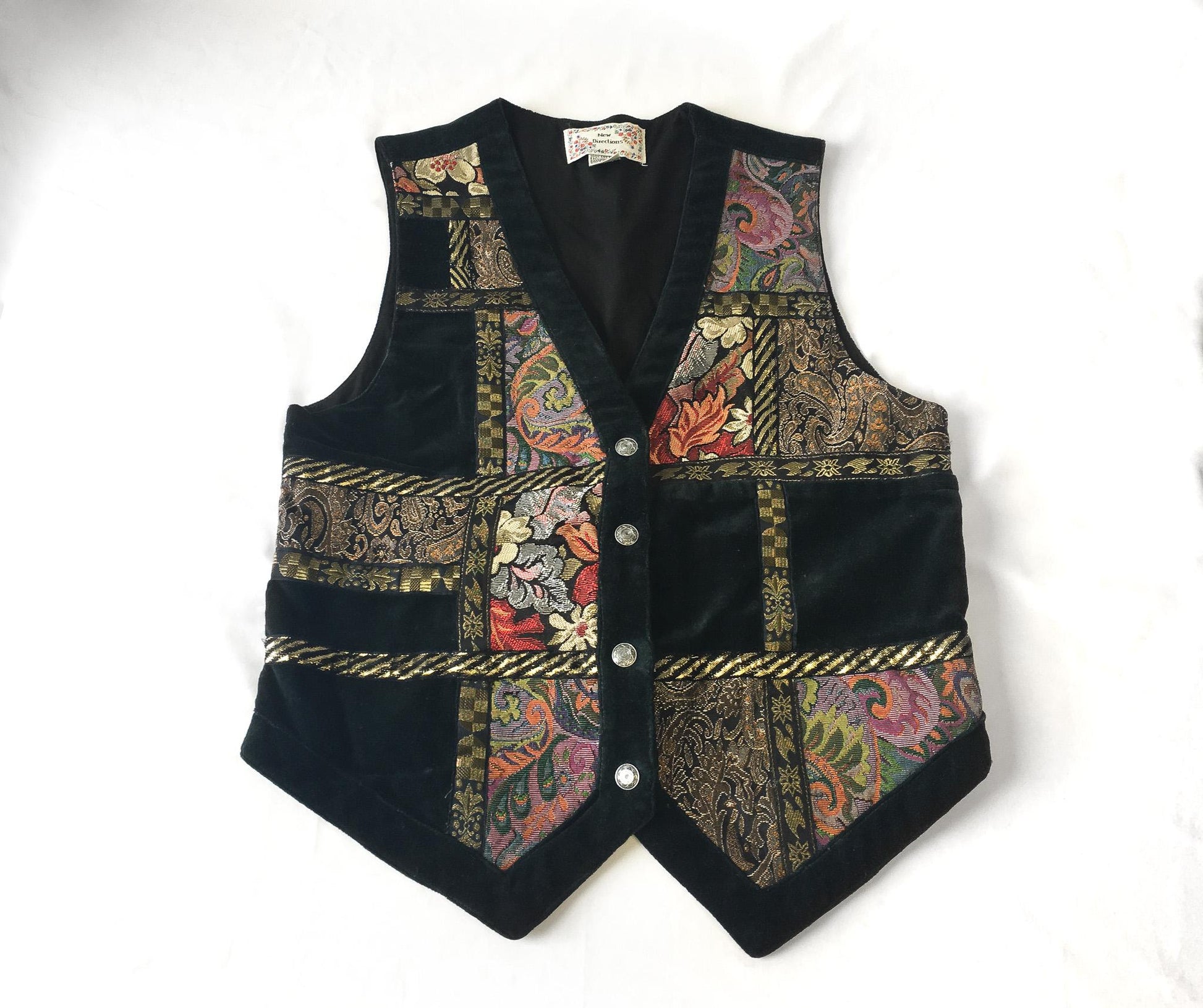 Vintage Black Velvet Floral Metallic Patchwork Vest, Women's Sz. M, Vintage Patchwork Grandma Boho Style Top