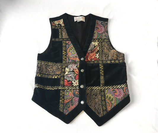Vintage Black Velvet Floral Metallic Patchwork Vest, Women's Sz. M, Vintage Patchwork Grandma Boho Style Top