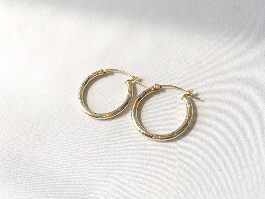14K Yellow and White Gold Two Toned Star Etched Thin Hoops, Lightweight Simple Dainty Everyday Minimalist Hoops