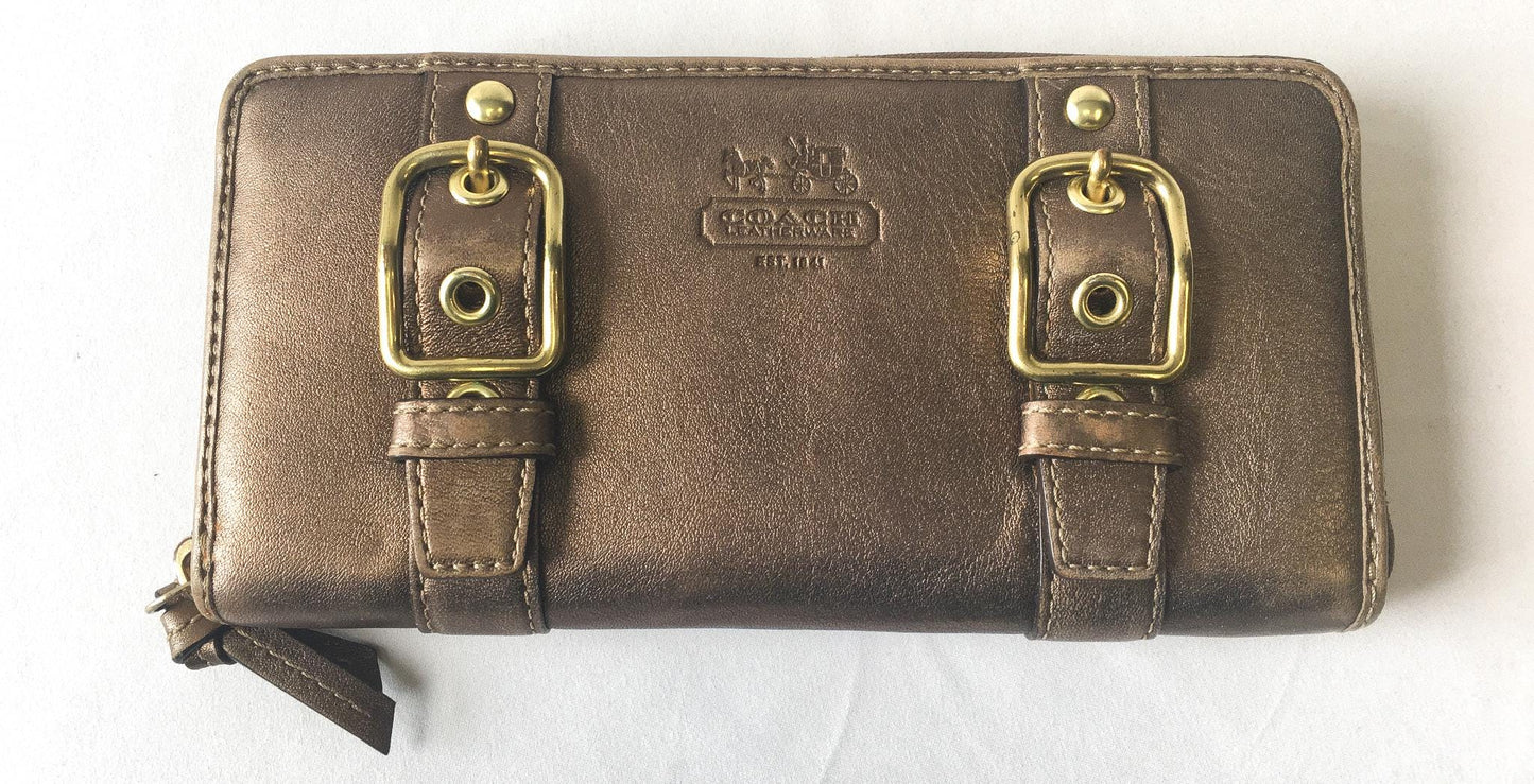 00s Coach Zoe Brown Metallic Buckle Large Accordion Wallet with Original Box, Y2K Classy Coach Wallet