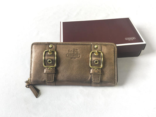 00s Coach Zoe Brown Metallic Buckle Large Accordion Wallet with Original Box, Y2K Classy Coach Wallet