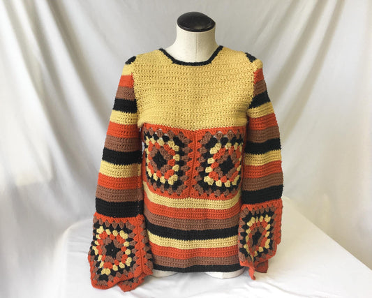 Vintage Handmade Crochet Yellow/Brown/Orange Flared Bell Sleeve Sweater, Approx. Women's Sz. S, Vintage Boho Autumn Top