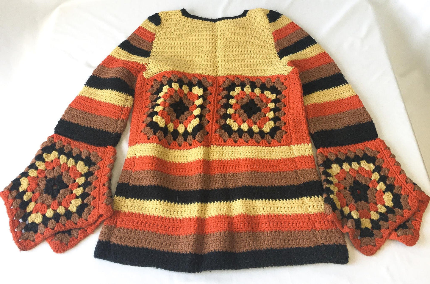 Vintage Handmade Crochet Yellow/Brown/Orange Flared Bell Sleeve Sweater, Approx. Women's Sz. S, Vintage Boho Autumn Top