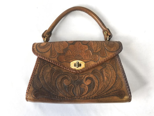 Vintage 70s Handcrafted Dark Brown Floral Tooled Leather Top Handle Bag, Vintage Western Boho Style Handbag
