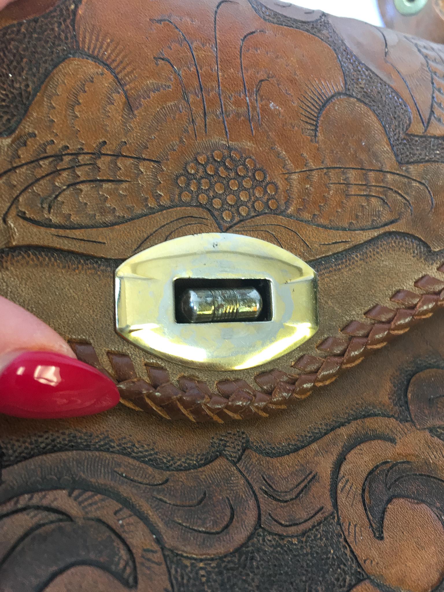 Vintage 70s Handcrafted Dark Brown Floral Tooled Leather Top Handle Bag, Vintage Western Boho Style Handbag