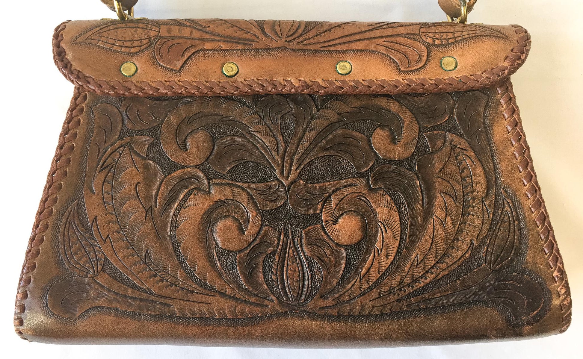 Vintage 70s Handcrafted Dark Brown Floral Tooled Leather Top Handle Bag, Vintage Western Boho Style Handbag