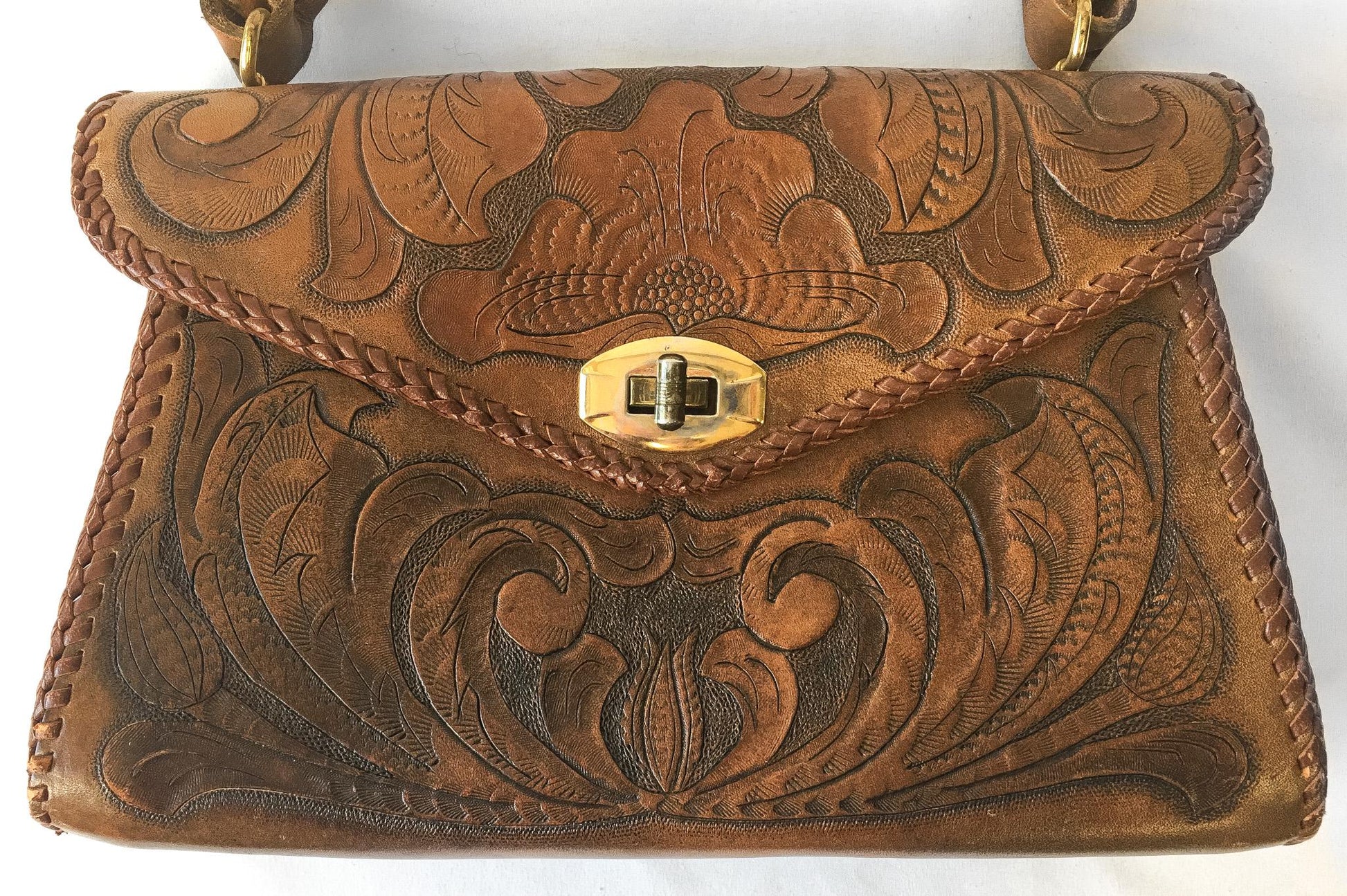 Vintage 70s Handcrafted Dark Brown Floral Tooled Leather Top Handle Bag, Vintage Western Boho Style Handbag