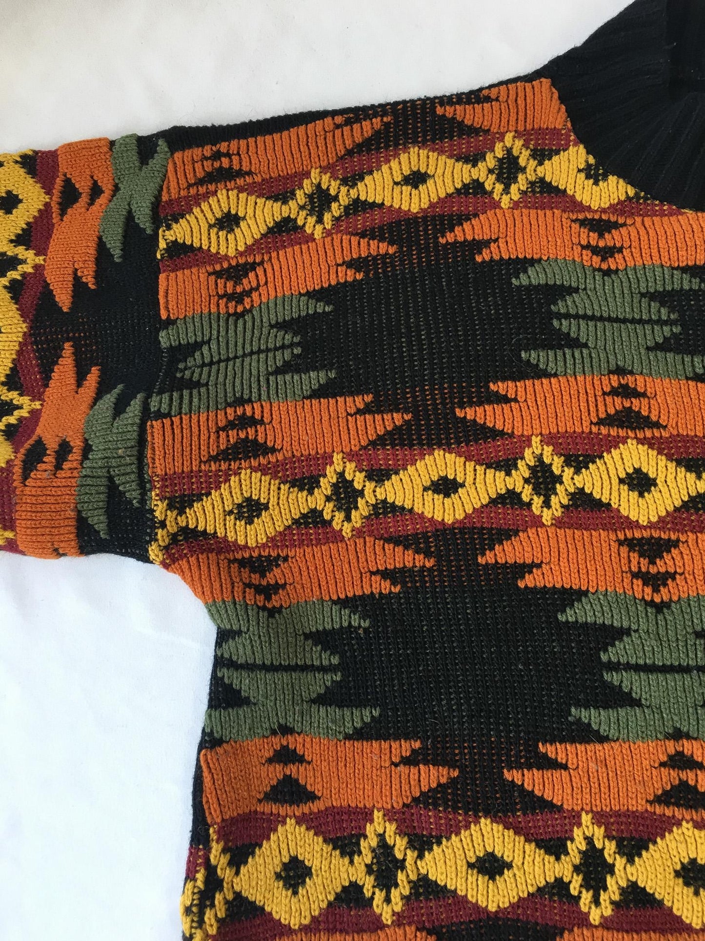 Vintage Black/Orange/Yellow Geometric Aztec Southwest Print Sweater, Approx. Women's S/M, Vintage Western Grandpa Sweater