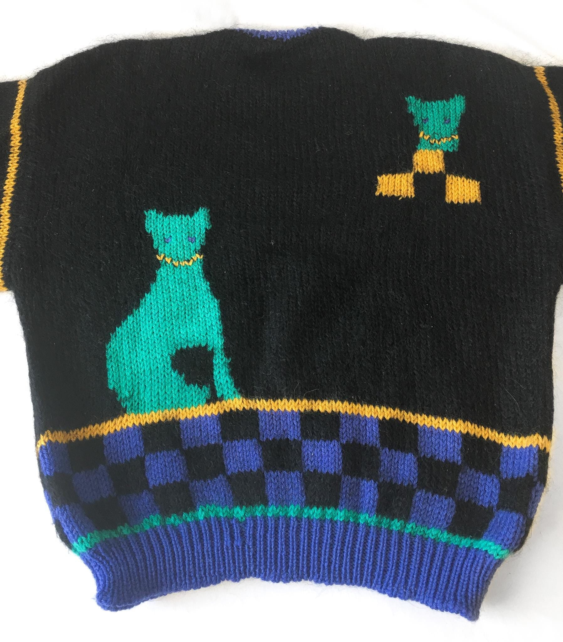 Vintage Kolor Knits Black/Blue 100% Wool Cat Print Sweater, Women's Sz. L, Vintage Retro Wool Sweater