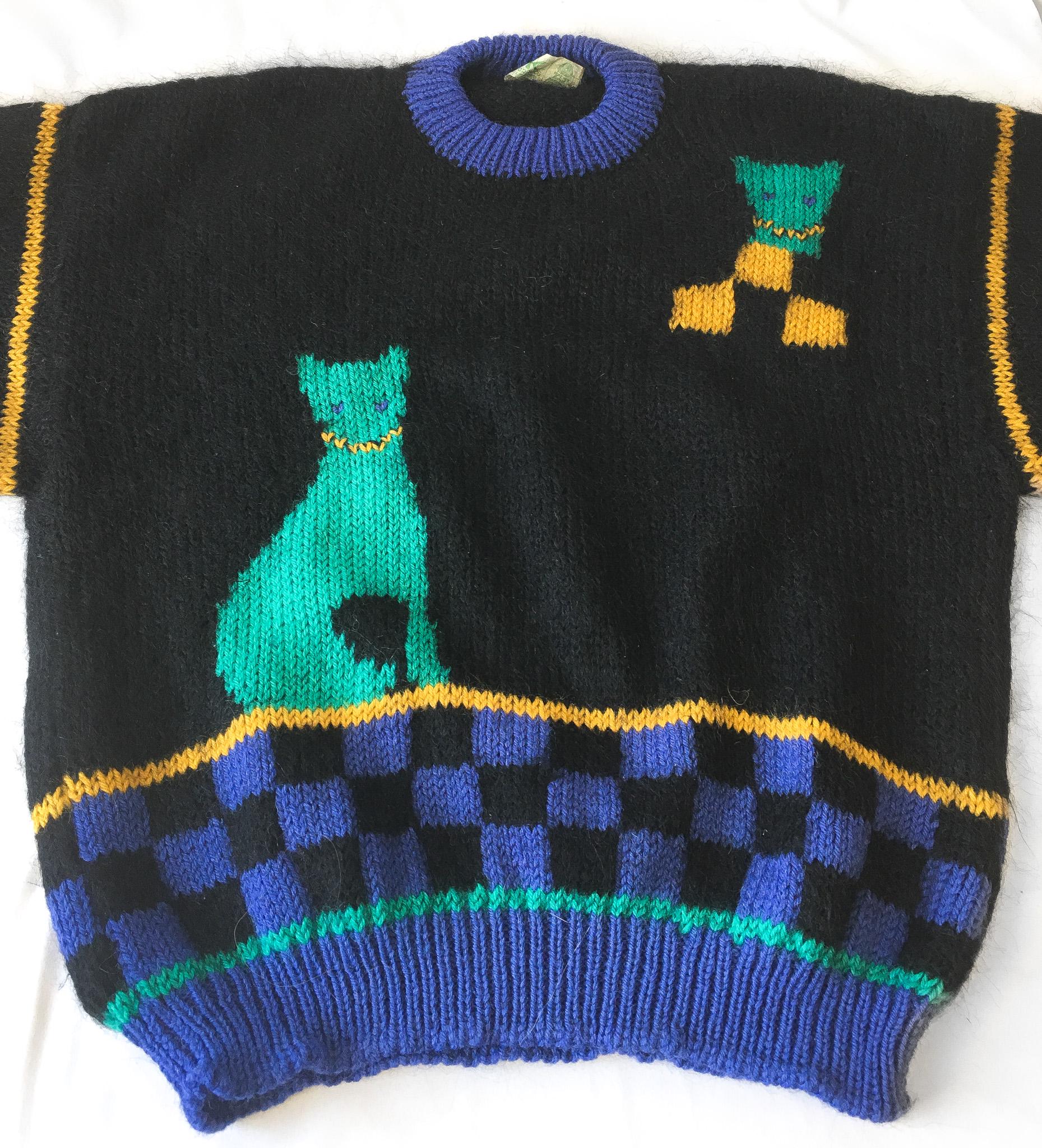 Vintage Kolor Knits Black/Blue 100% Wool Cat Print Sweater, Women's Sz. L, Vintage Retro Wool Sweater