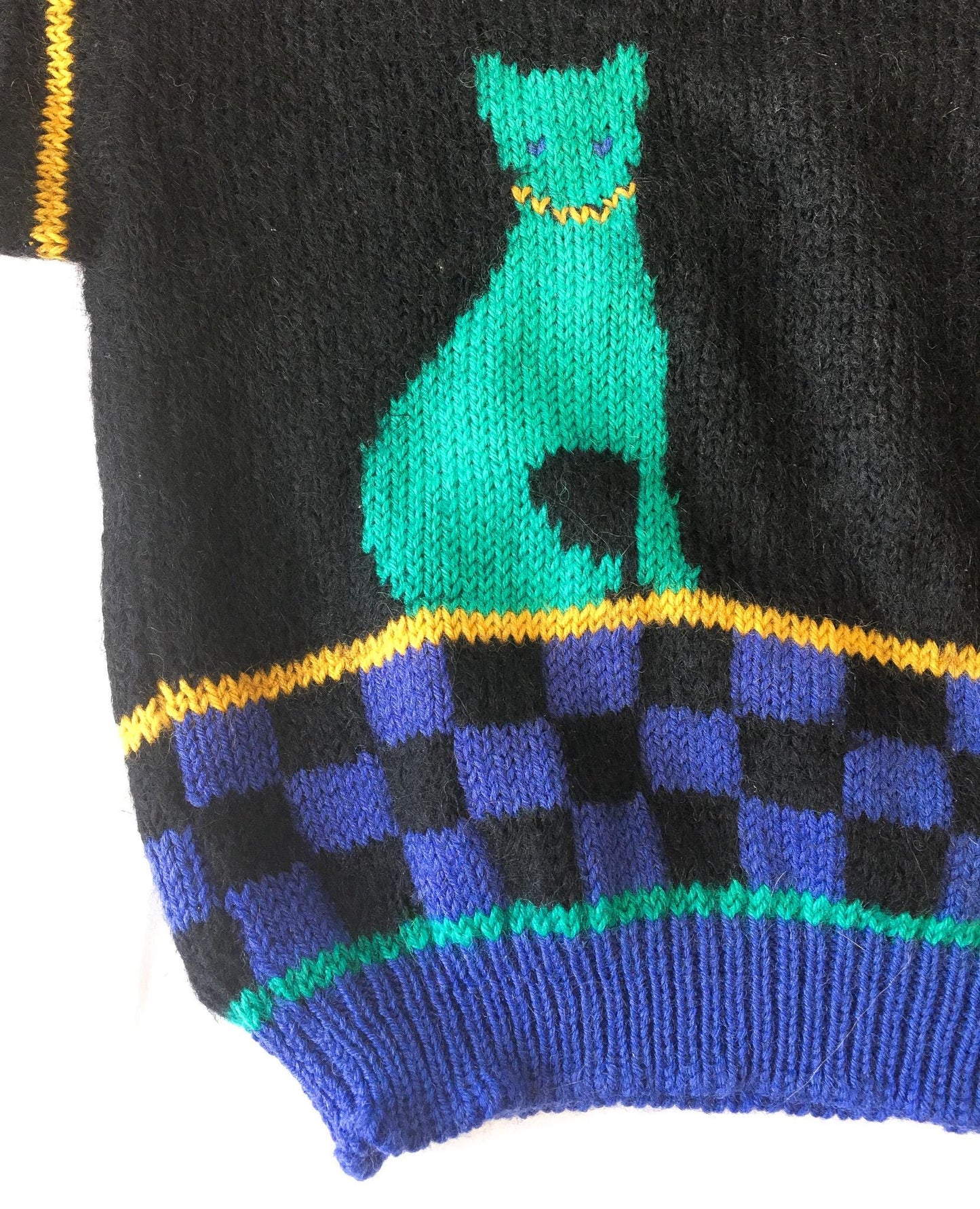 Vintage Kolor Knits Black/Blue 100% Wool Cat Print Sweater, Women's Sz. L, Vintage Retro Wool Sweater
