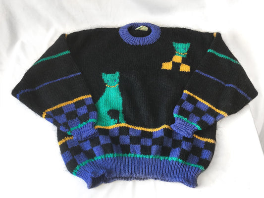 Vintage Kolor Knits Black/Blue 100% Wool Cat Print Sweater, Women's Sz. L, Vintage Retro Wool Sweater