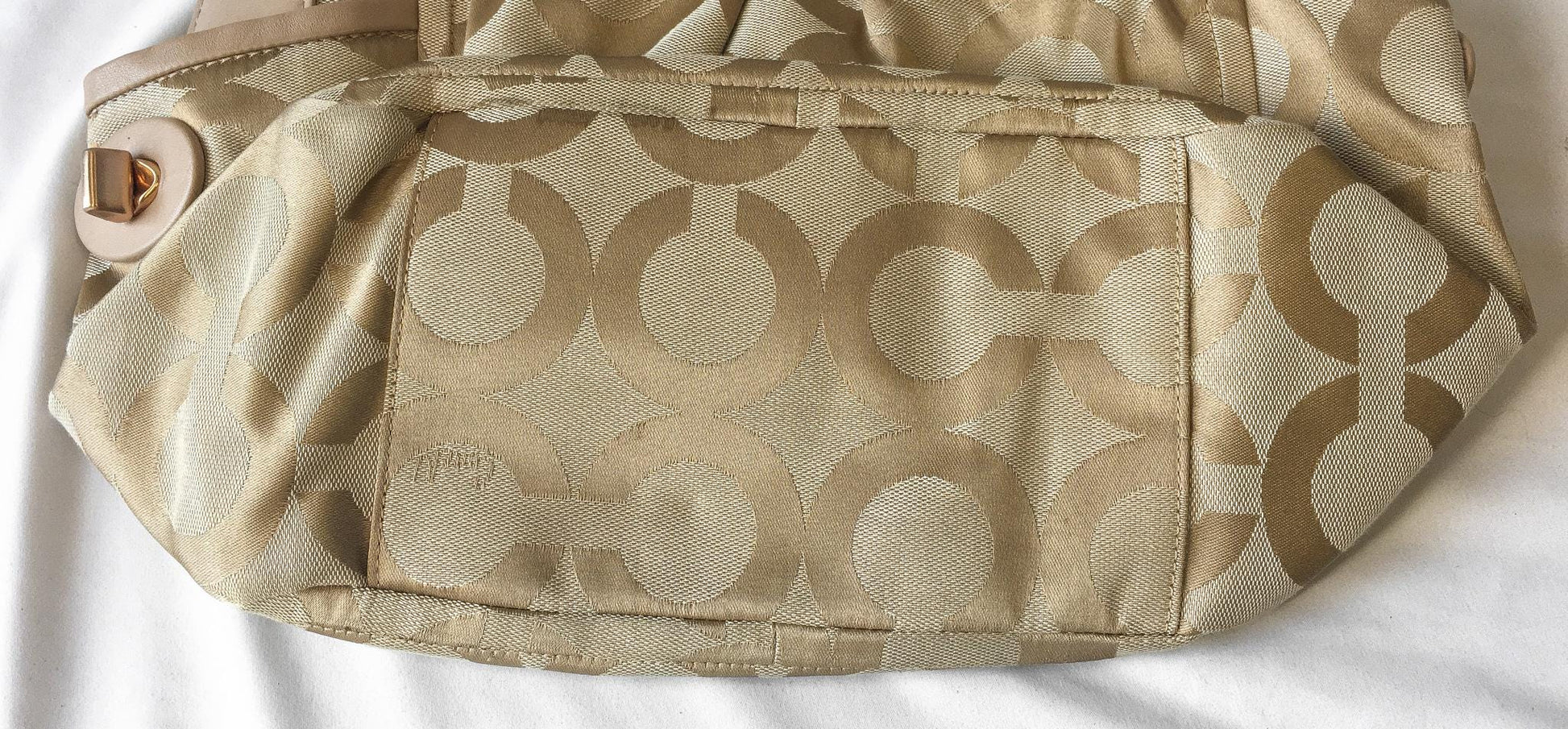 Y2K 00s Coach Op Art Parker Gold Metallic Canvas Leather Shoulder Tote Bag, Style 13427, Unique Y2K Coach Handbag
