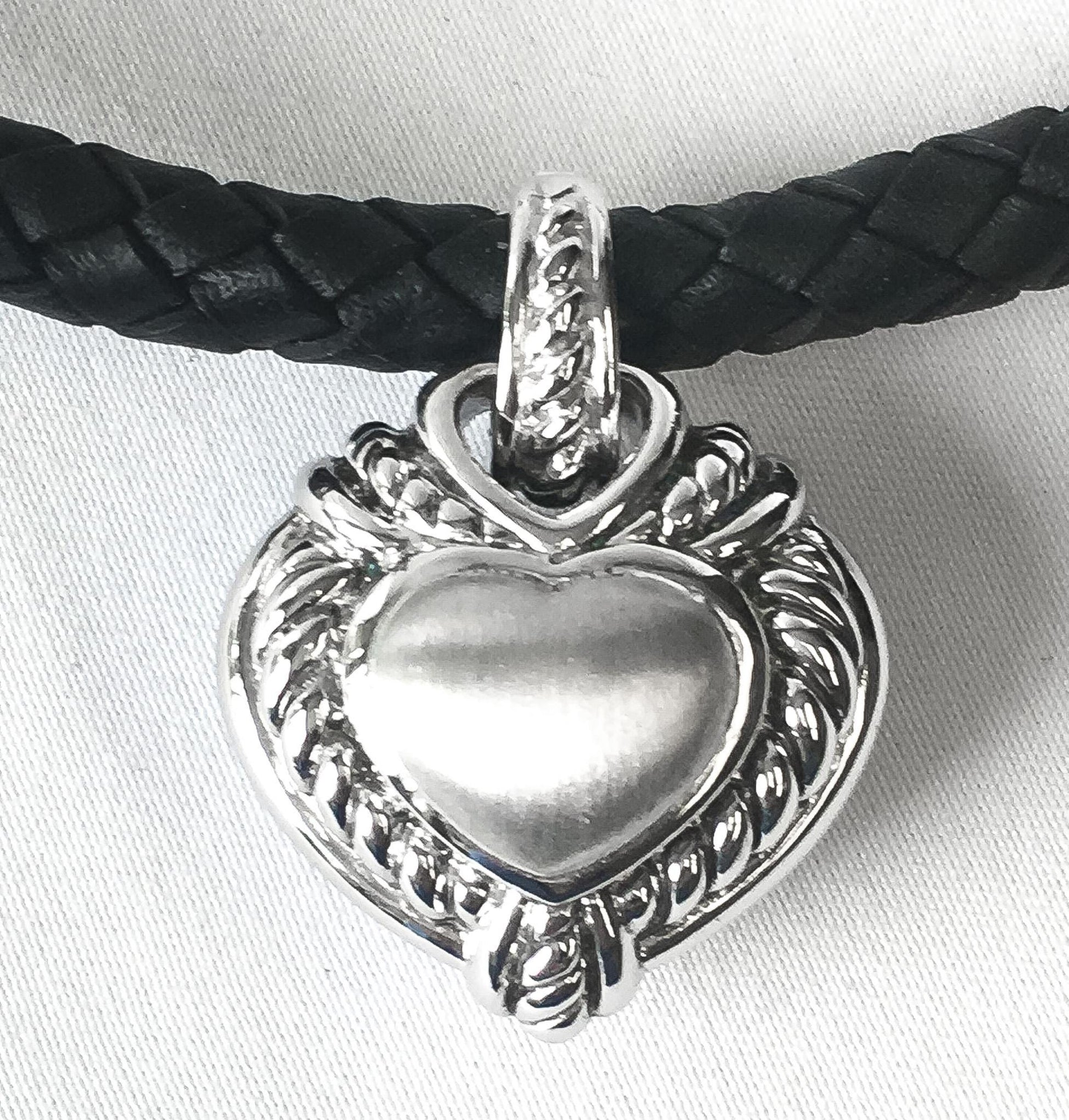 925 Judith Ripka Cubic Zirconia Heart Reversible Leather Cord Choker Necklace, Unique Goth Emo Statement Necklace