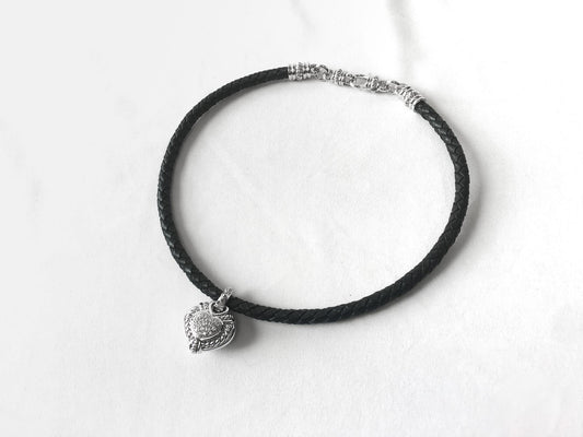 925 Judith Ripka Cubic Zirconia Heart Reversible Leather Cord Choker Necklace, Unique Goth Emo Statement Necklace