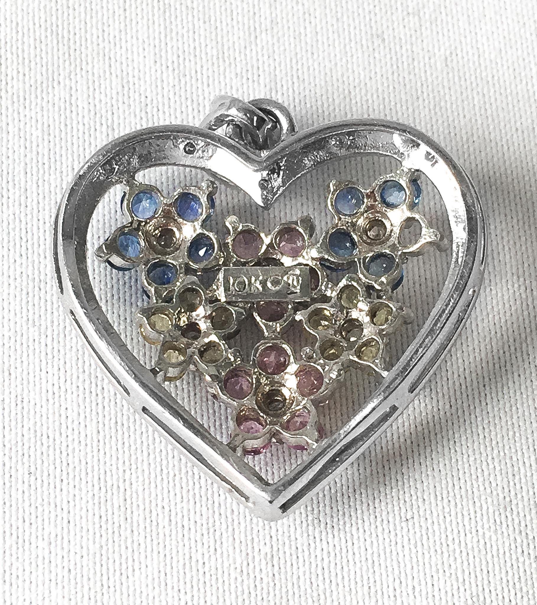 10K White Gold Pink Yellow Blue Sapphire Diamond Floral Heart Pendant, Simple Coquette Boho Minimalist Pendant