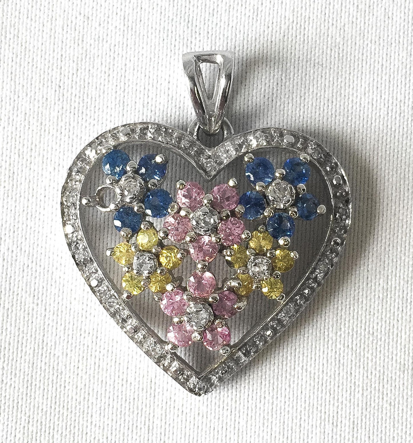 10K White Gold Pink Yellow Blue Sapphire Diamond Floral Heart Pendant, Simple Coquette Boho Minimalist Pendant