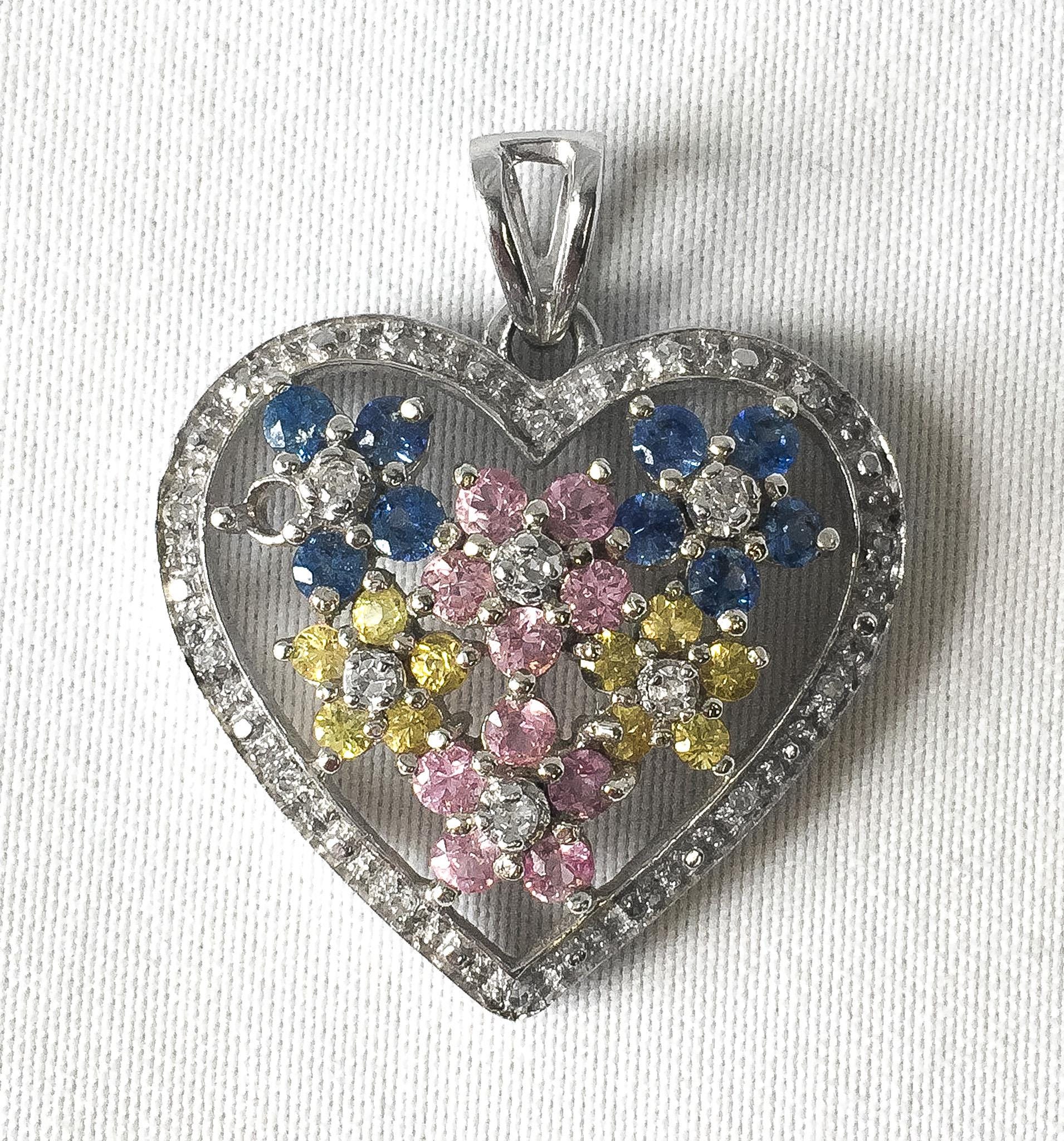 10K White Gold Pink Yellow Blue Sapphire Diamond Floral Heart Pendant, Simple Coquette Boho Minimalist Pendant