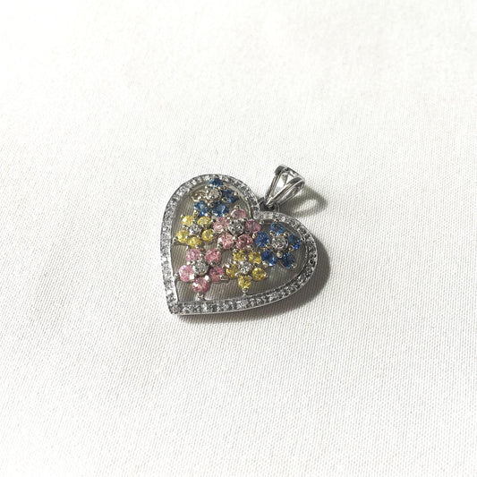 10K White Gold Pink Yellow Blue Sapphire Diamond Floral Heart Pendant, Simple Coquette Boho Minimalist Pendant