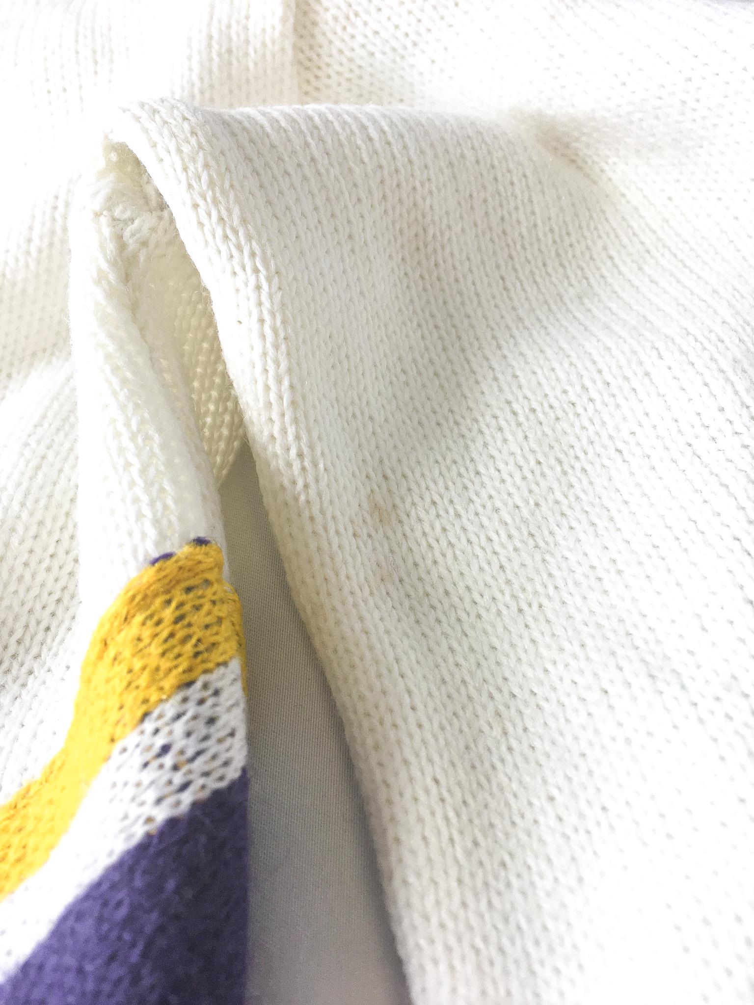 Vintage Kandel Cream/White Purple and Yellow Cheerleader Style V-Neck Sweater, Approx. Womens Sz M, Vintage Preppy Academia Style Sweater