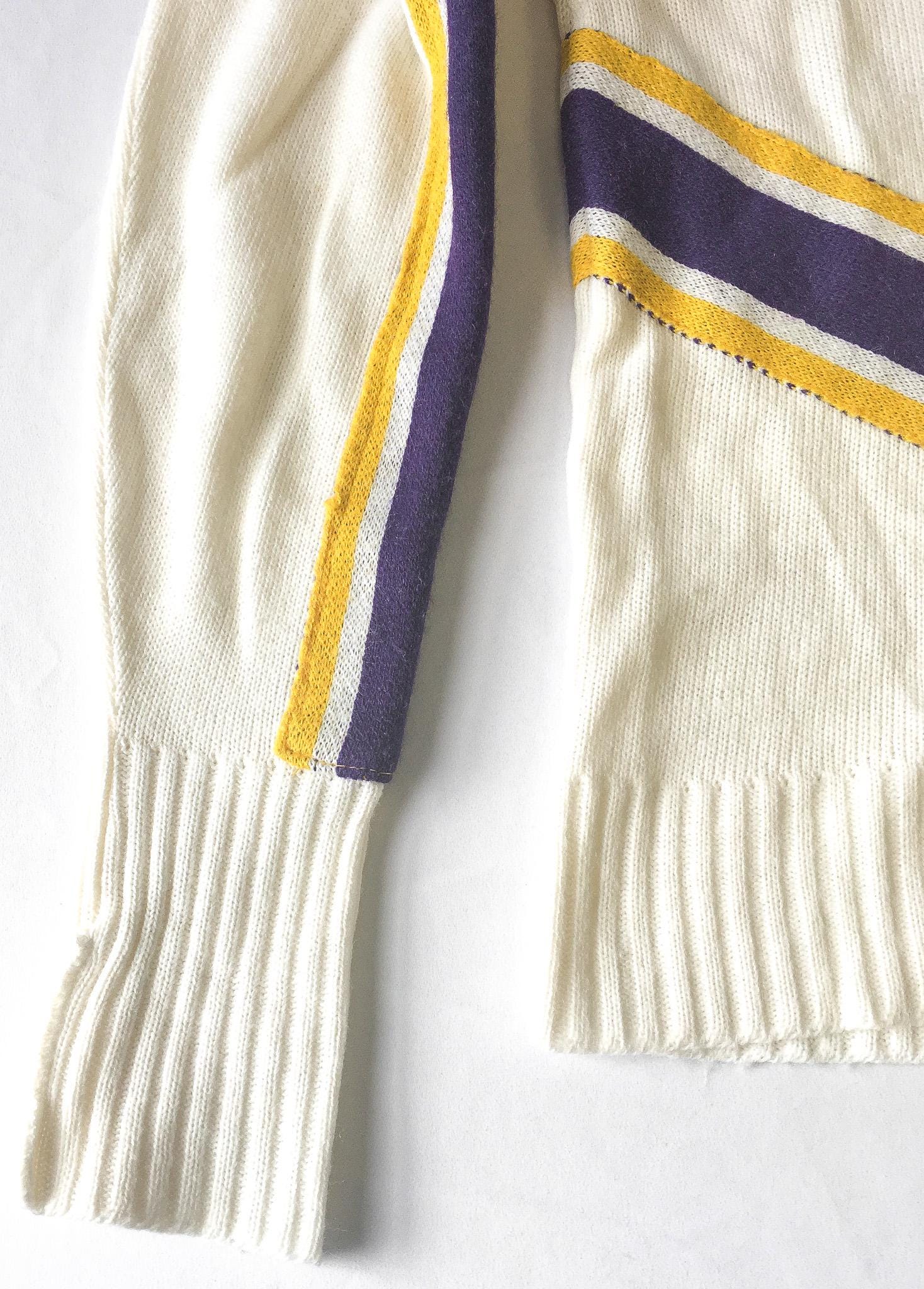 Vintage Kandel Cream/White Purple and Yellow Cheerleader Style V-Neck Sweater, Approx. Womens Sz M, Vintage Preppy Academia Style Sweater