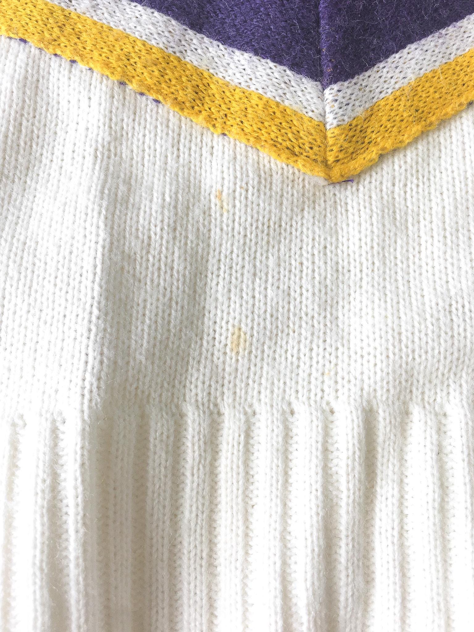 Vintage Kandel Cream/White Purple and Yellow Cheerleader Style V-Neck Sweater, Approx. Womens Sz M, Vintage Preppy Academia Style Sweater