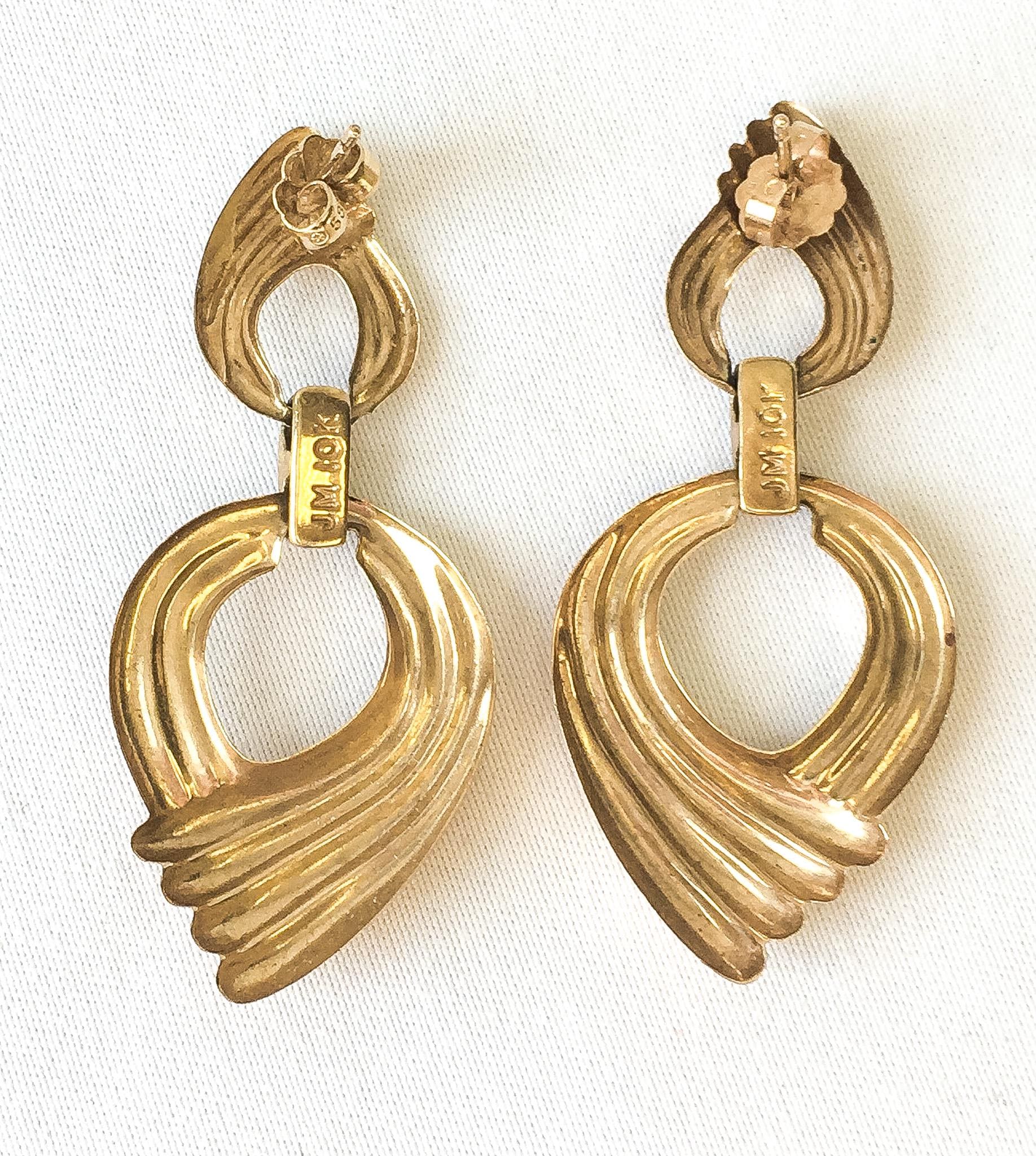 Vintage 80s Style 10K Mini Diamond Abstract Ribbed Teardrop Dangle Stud Earrings, Retro Elegant Simple Minimalist Earrings