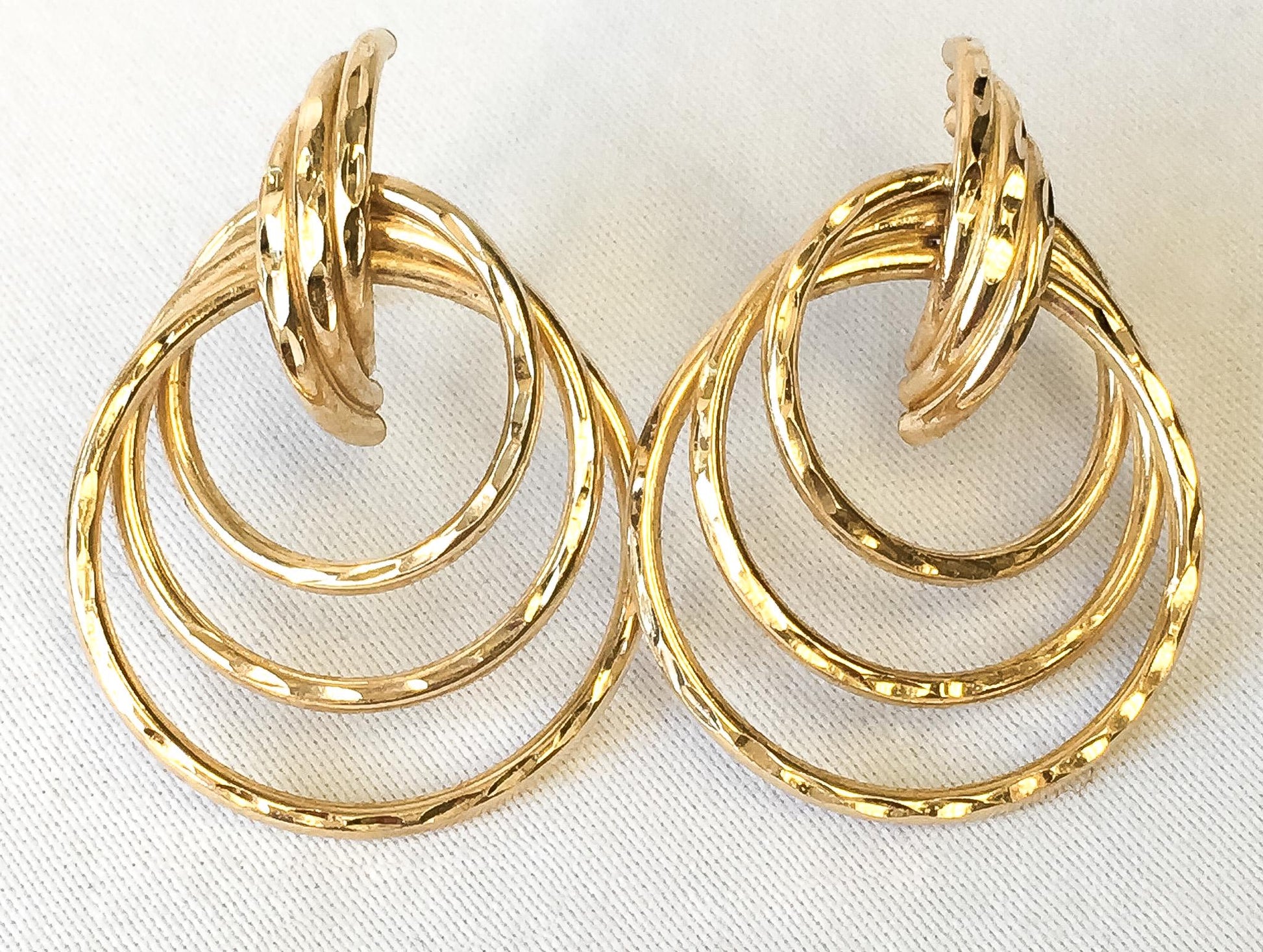 Vintage 14K Yellow Gold Triple Tube Textured Hoop Earrings, Simple Unique Classy Minimalist Hoop Earrings