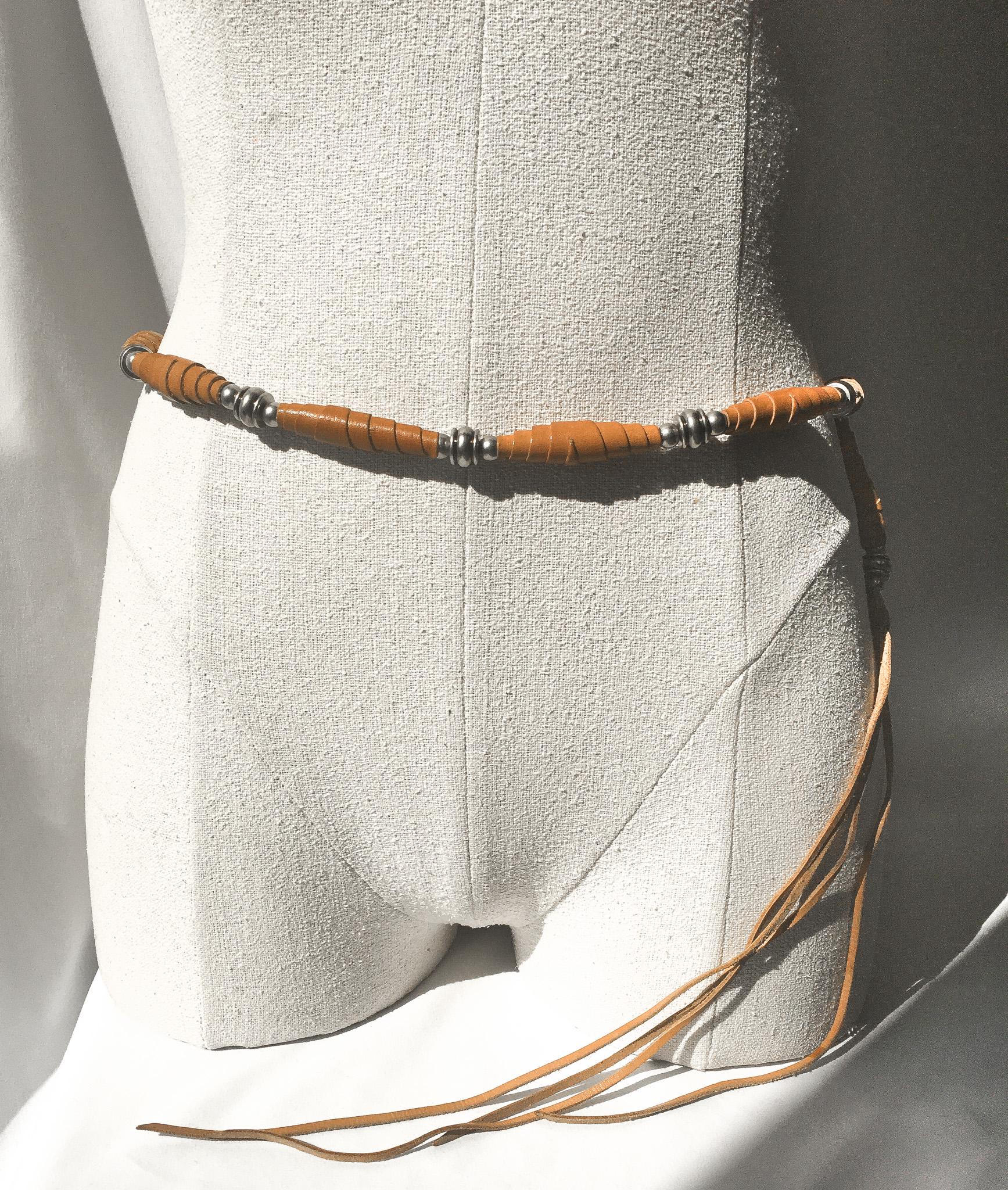 70s Handcrafted Leather Silver Toned Beaded Adjustable Tie Belt, Unique Vintage Western Boho Style Belt