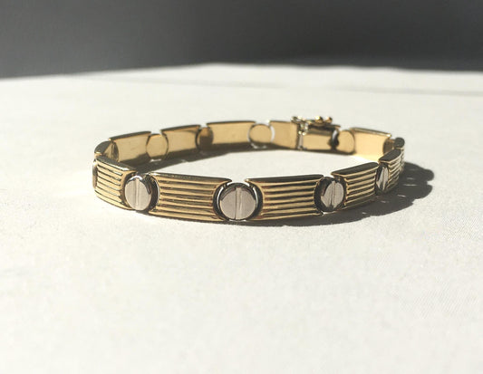 Vintage 14K Italy Two Tone Screw Head Link Chain Bracelet, 8", Roughly 5mm, Simple Everyday Elegant Minimalist Stackable Unisex Bracelet