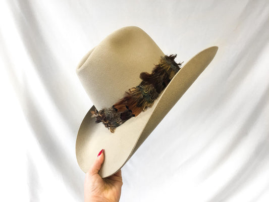 Vintage American Hat Company Maxi Felt Beige Cowboy Hat with Feather Band, Sz. 7, Unique Vintage Western Hat