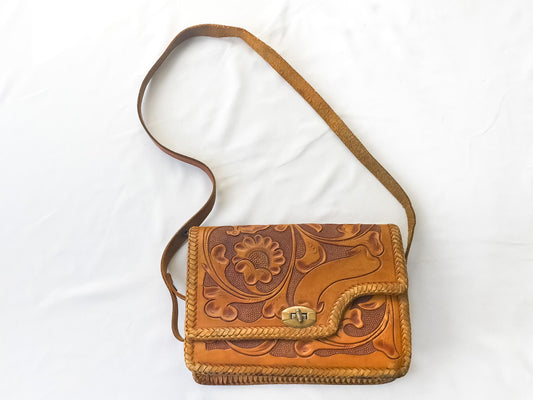 Vintage 70s Handcrafted Brown Tooled Leather Crossbody Bag with Floral Engraving, Vintage Western Boho Handbag