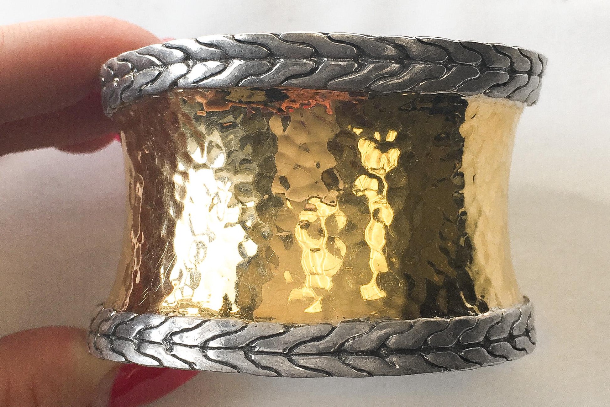 Vintage John Hardy 22K Gold 925 Sterling Silver Hammered Adjustable Cuff Bracelet, Vintage Brutalist Statement Style Bracelet