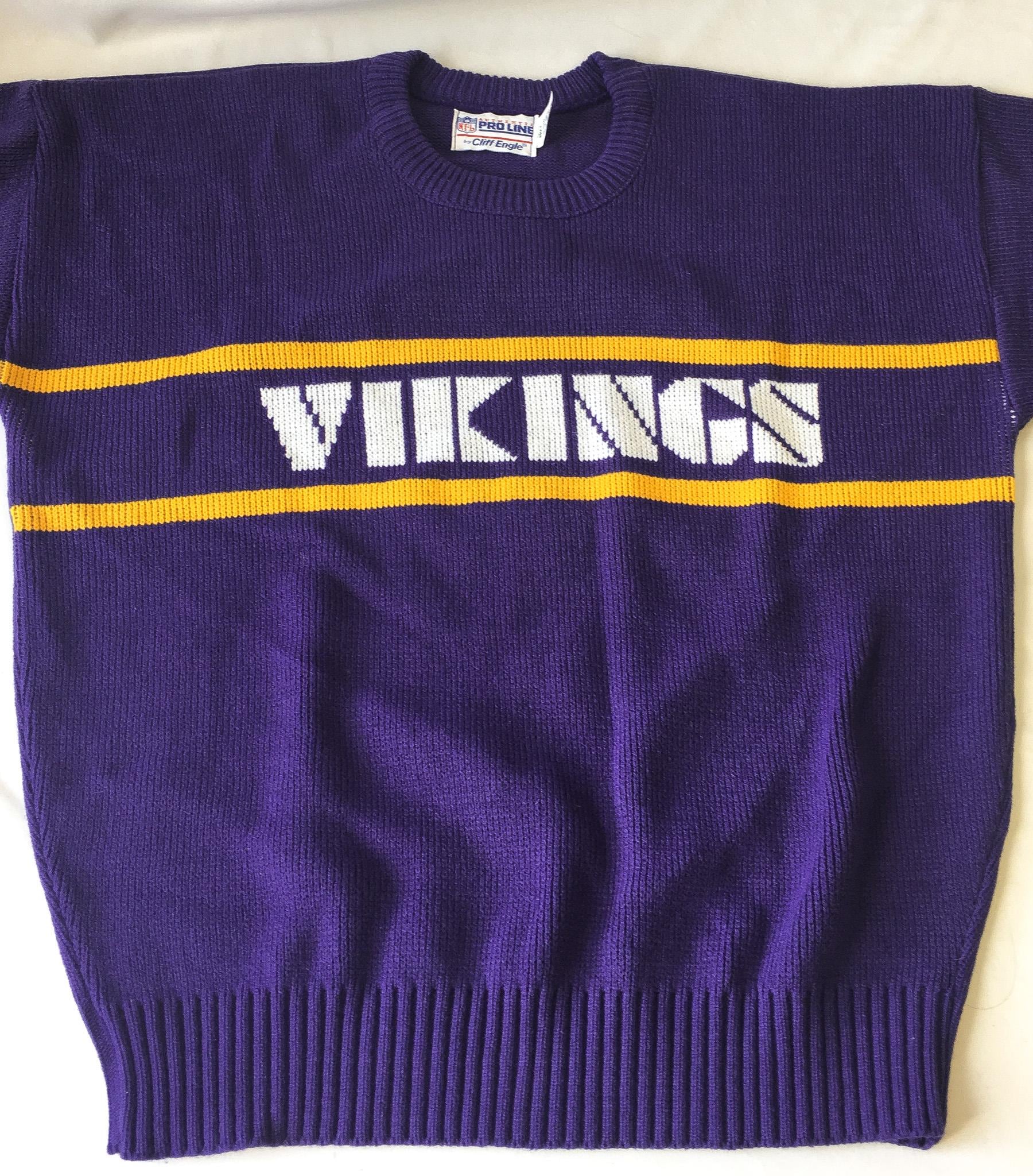 80s Minnesota Vikings Purple Spell-Out Knit Crewneck Sweater, Men's Sz. XL, Vintage Retro NFL Apparel