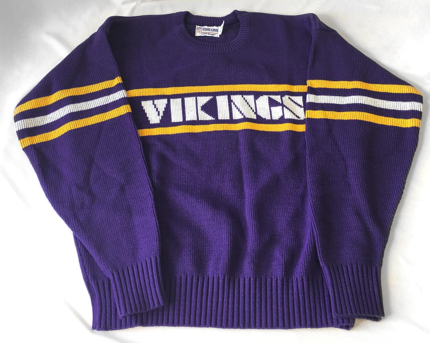 80s Minnesota Vikings Purple Spell-Out Knit Crewneck Sweater, Men's Sz. XL, Vintage Retro NFL Apparel