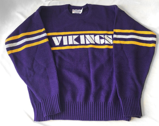 80s Minnesota Vikings Purple Spell-Out Knit Crewneck Sweater, Men's Sz. XL, Vintage Retro NFL Apparel