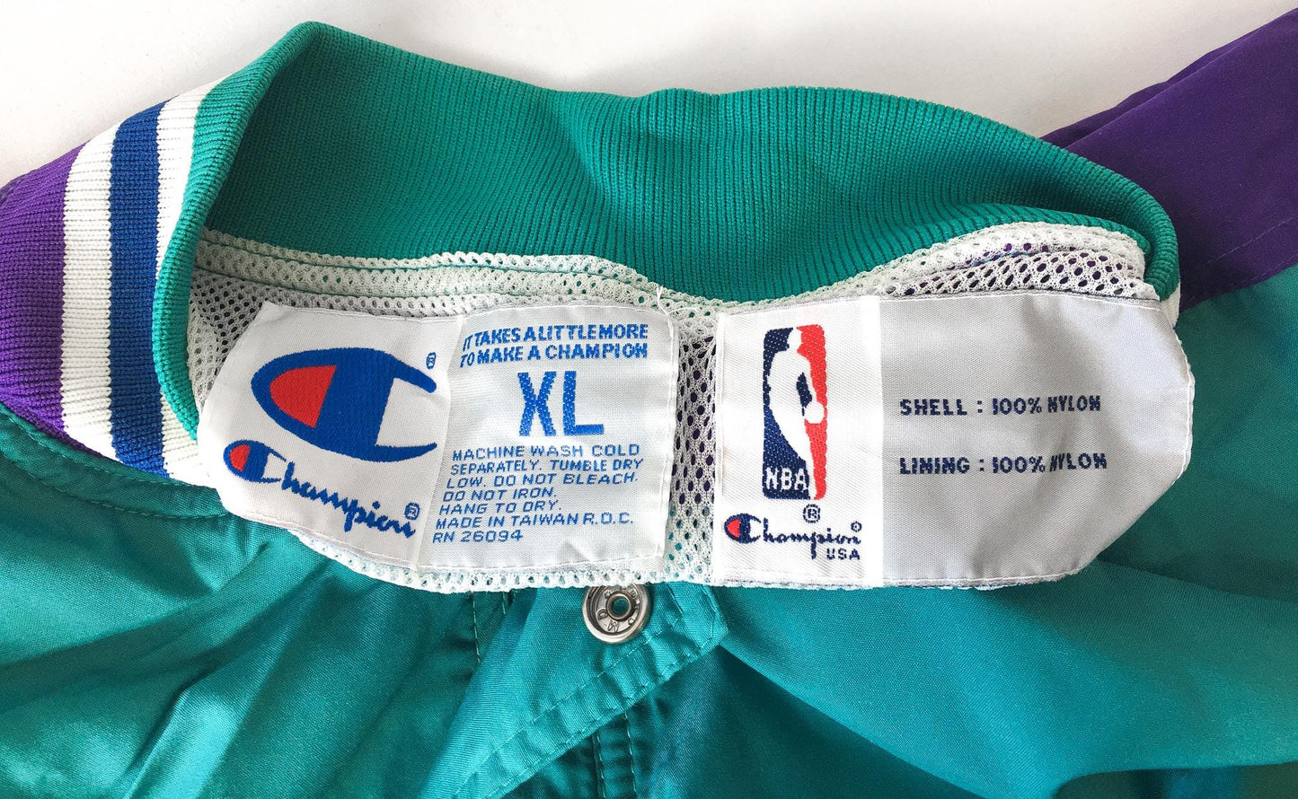 90s Charlotte Hornets Teal/Purple Button Zip Windbreaker Jacket, Sz. XL, Vintage Retro NBA Apparel