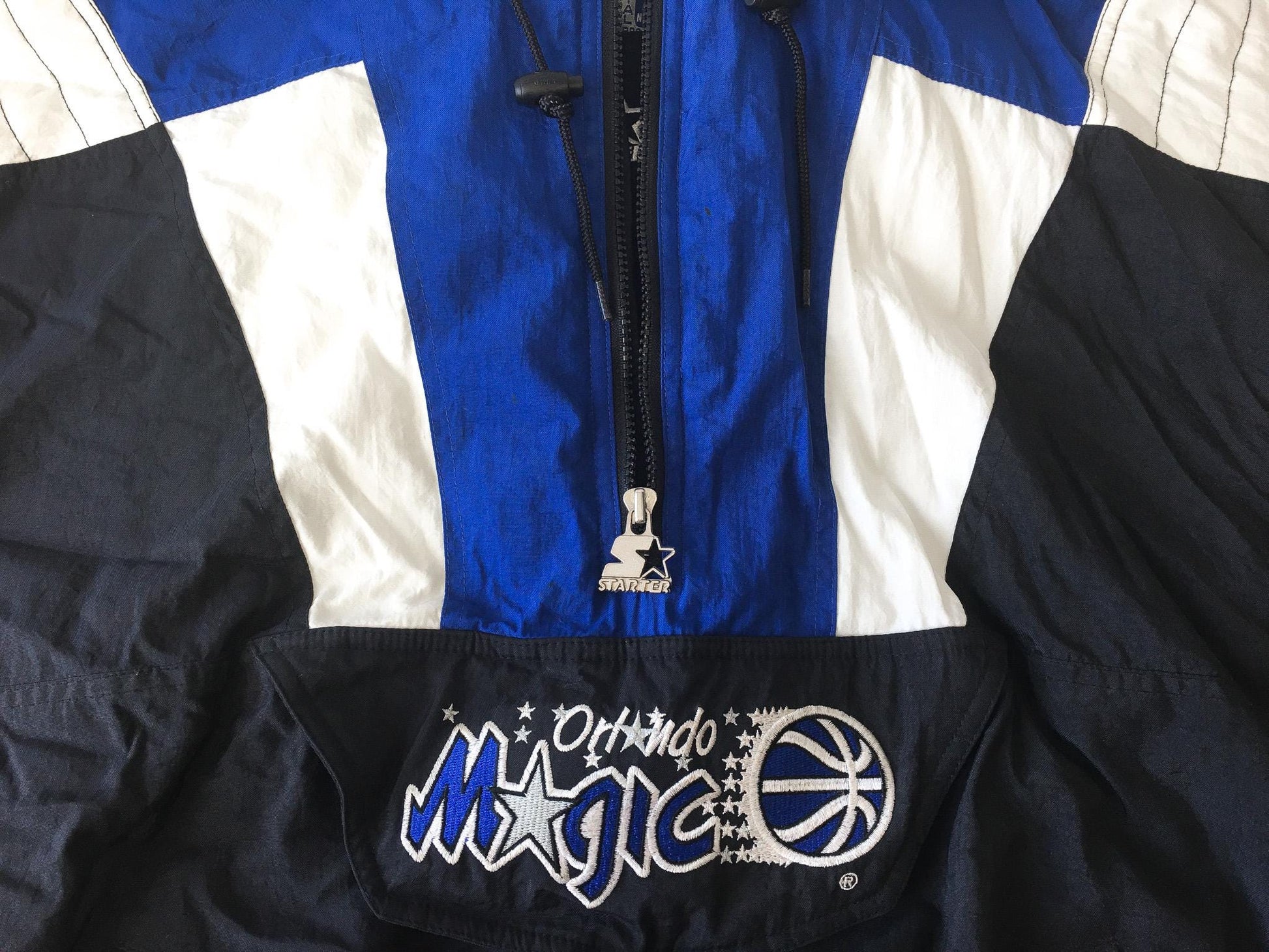 90s Orlando Magic Starter Black/Blue Embroidered Quarter Zip Puffer Windbreaker Jacket, Sz. XL, Vintage Retro NBA Apparel Streetwear Jacket