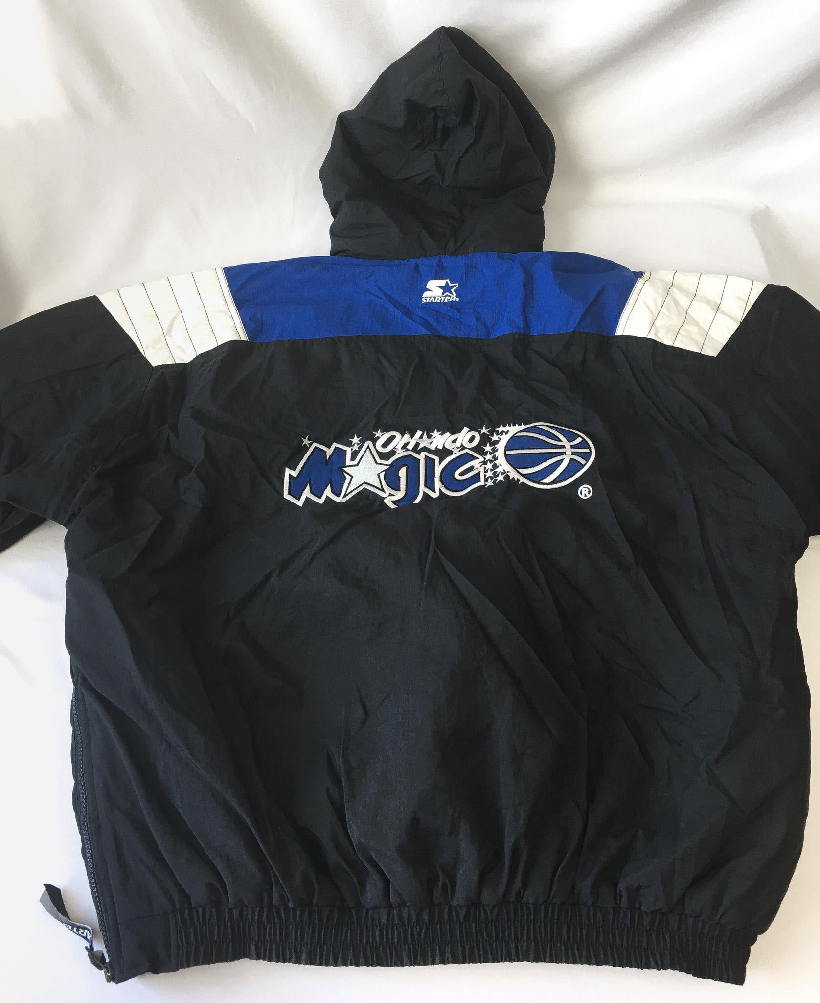 90s Orlando Magic Starter Black/Blue Embroidered Quarter Zip Puffer Windbreaker Jacket, Sz. XL, Vintage Retro NBA Apparel Streetwear Jacket